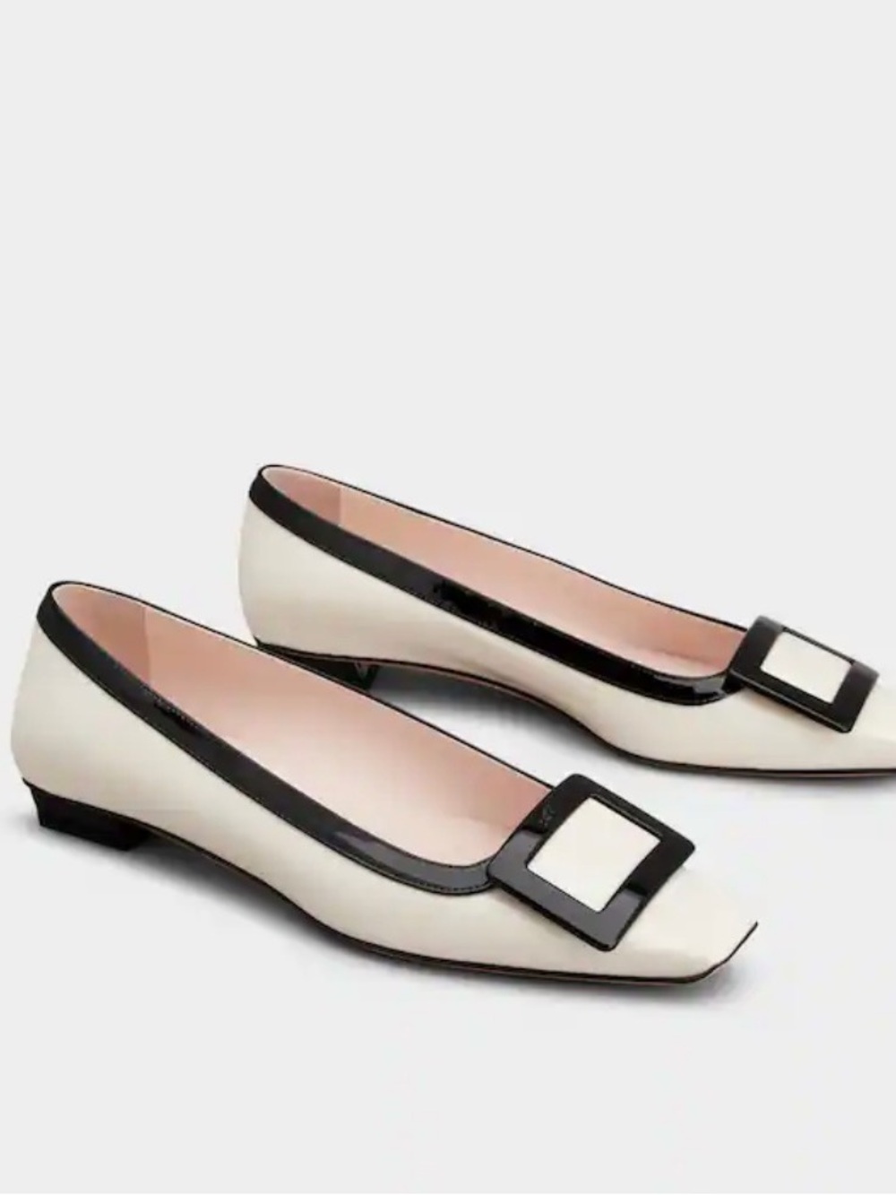 Roger Vivier patent leather off white and Black Square-Buckle Ballet Flats